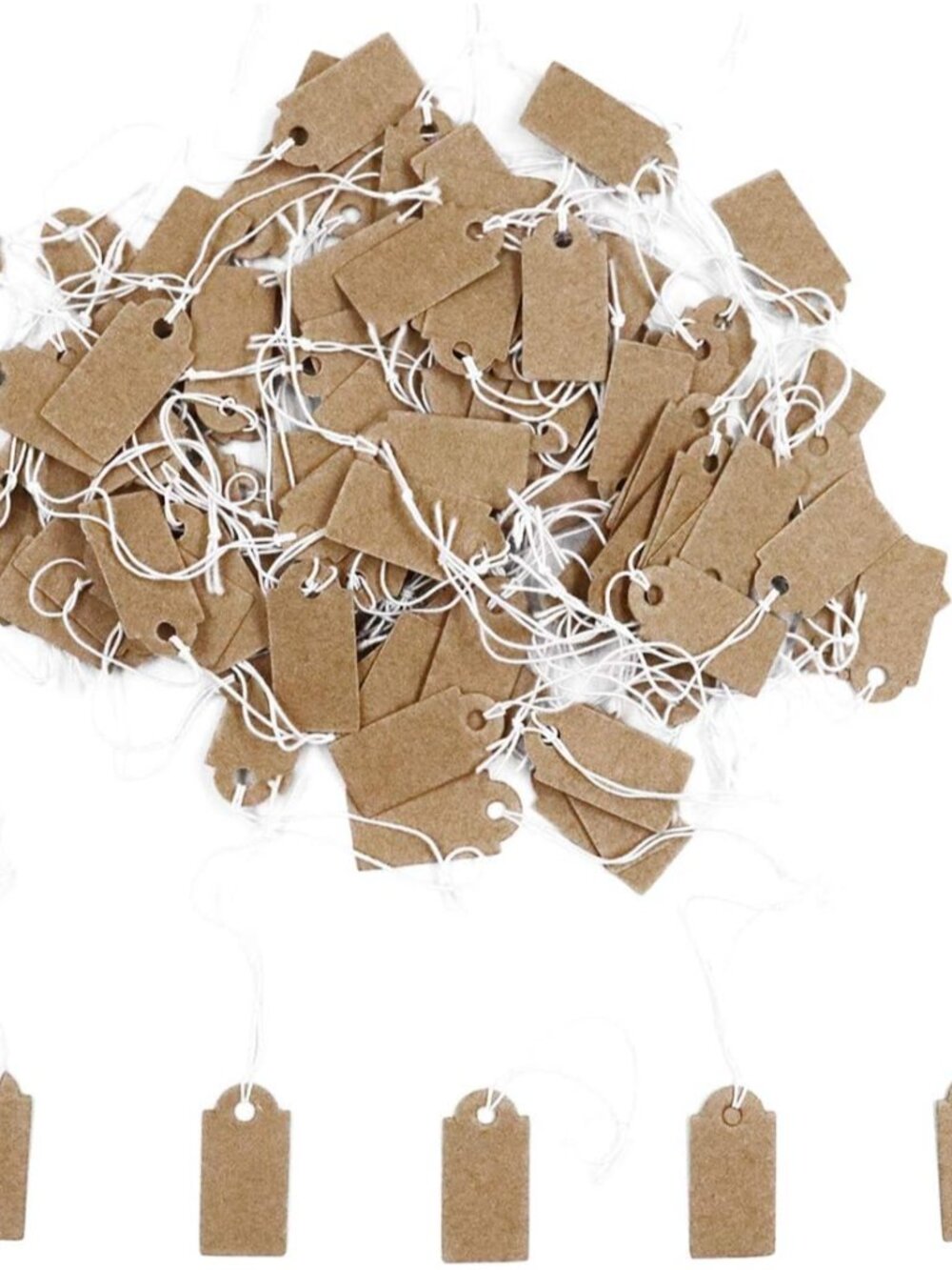 100 Pcs Display Tags with Hanging String Mini Writable Small, Kraft
